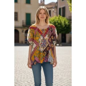 YVOS Top Size 20 / Size 20W Relaxed Fit Colorful Art to Wear Blouse Semi Sheer